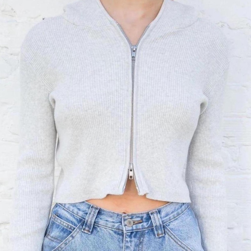 Brandy Melville Light Gray Ribbed Knit Hoodie